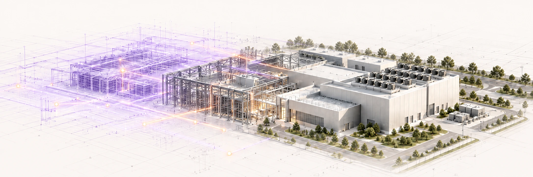 An architectural concept: lavender planning lines become a steel frame and a finished data center.
